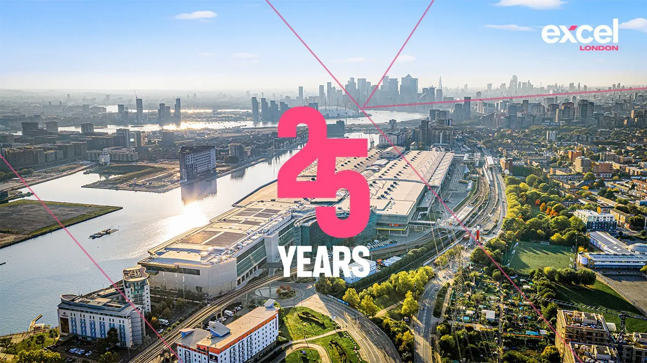 Aerial view of ExCeL London from the 25th-anniversary film