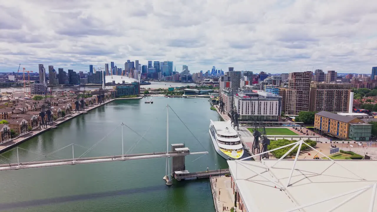 Aerial view from ExCeL London across the Royal Docks to Canary Wharf