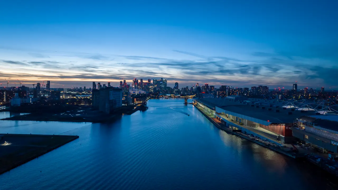 ExCeL London and the Royal Docks at dusk, photographed from the air