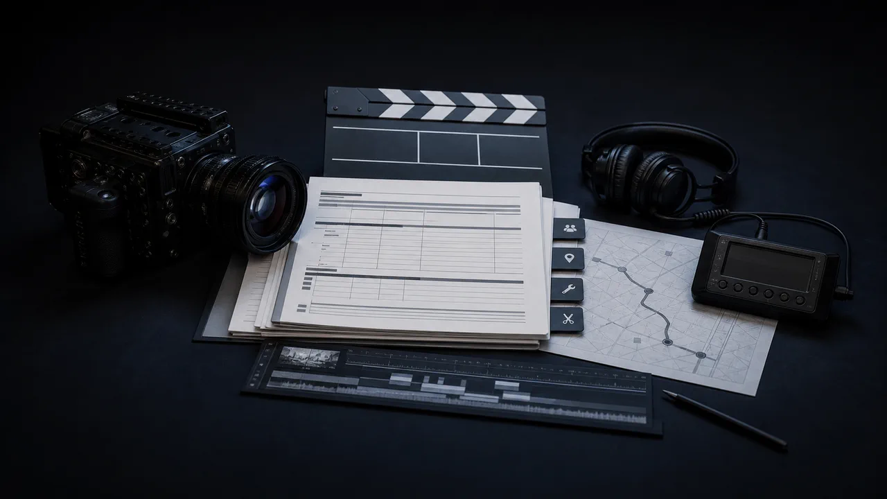 An editorial production-planning still life with a cinema camera, slate, call sheets, location plan, edit timeline and headphones