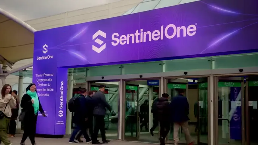 SentinelOne event branding across an ExCeL London entrance